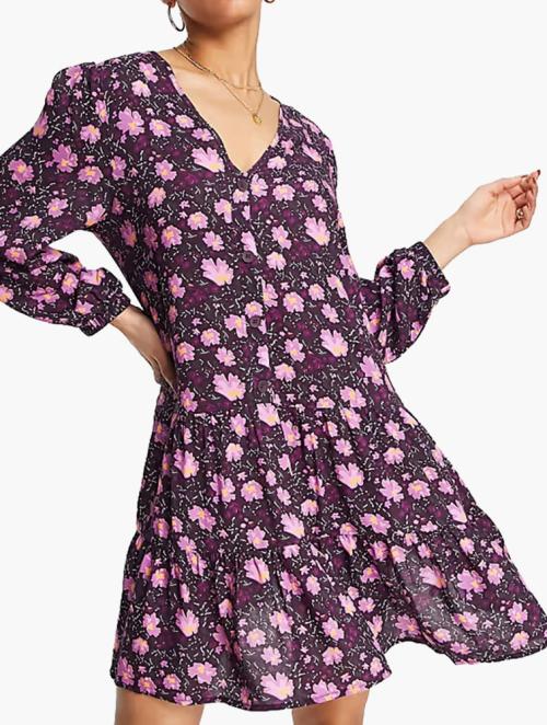 NA-KD Purple Floral Print V-Neck Smock Tiered Mini Dress