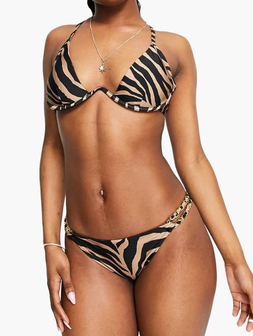 New Look Brown Zebra Print Chain Detail Bikini Bottoms