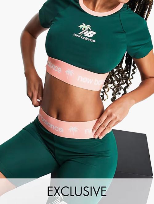 New Balance Green & Coral Logo Banding Crop Top