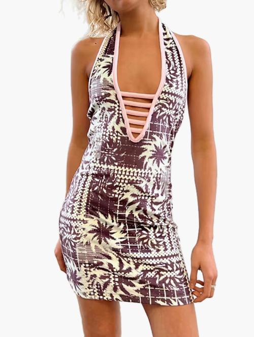 New Girl Order Brown & Turquoise Order Printed Velour Cut-Out Mini Dress