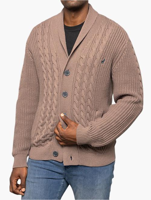 Polo Taupe Long Sleeve Shawl Cable Knitwear