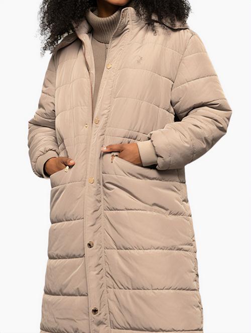 Polo Taupe Mia Long Sleeve Longer Length Puffer Jacket