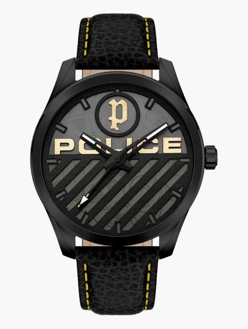 Police Black & Yellow Grille Leather Grille Watch