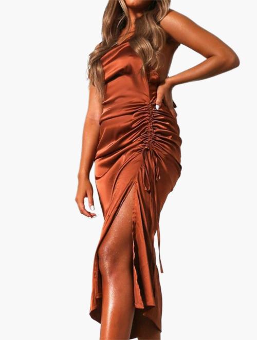 Public Desire Chocolate Amber Gill Ruched Side Detail Satin Strappy Cami Midi Dress