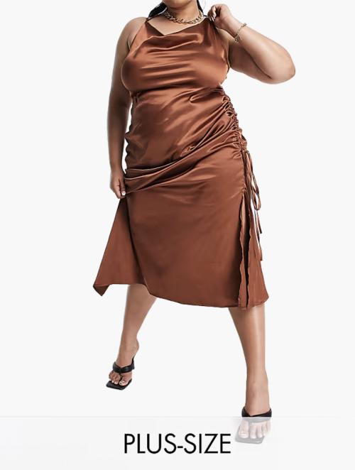 Public Desire Chocolate Curve x Amber Gill Ruched Side Detail Satin Strappy Cami Midi Dress