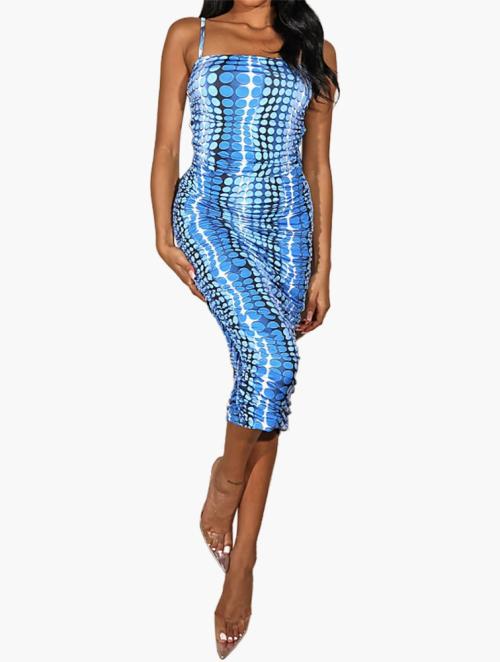 Public Desire Blue Multi Kenza Ruched Midaxi Dress