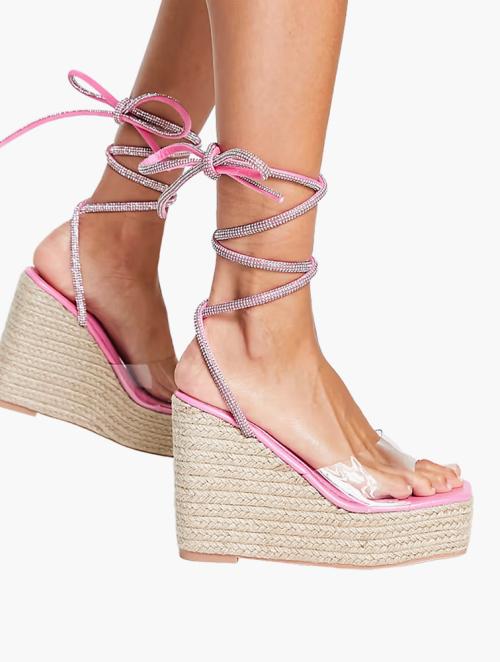 Public Desire Pink Diamante Ankle Tie Sunbeam Espadrille Wedge Heeled Sandals