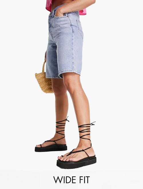 Public Desire Black Bebe Ankle Tie Wide Fit Flatform Sandals