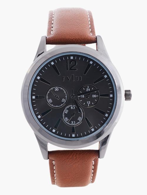 Revlri Gun & Tan Leather Watch