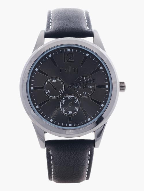Revlri Gun & Black Dial Leather Watch