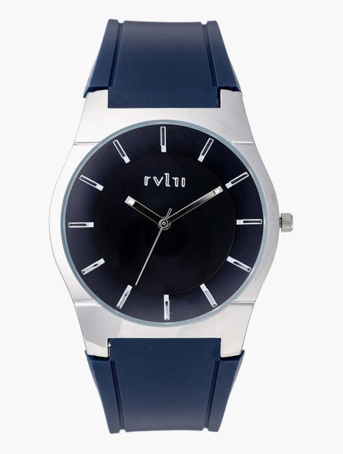 Revlri Polished Silver & Navy Aanon Silicone Watch