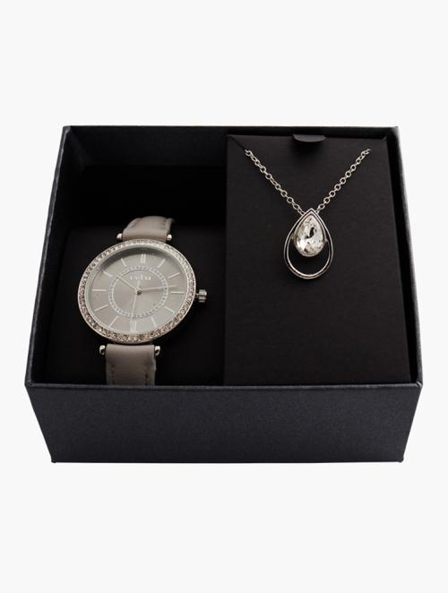 Revlri Grey Studded Pear Drop Necklace & Watch Set