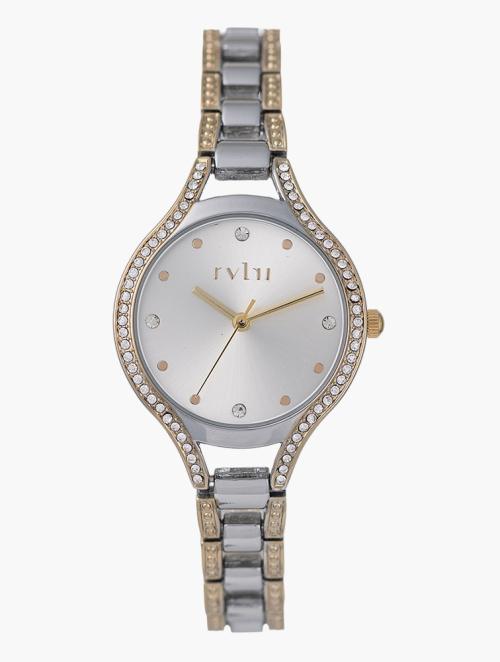 Revlri Silver & Gold Studded Steel Watch