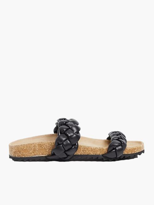 South Beach Black Plaited Double Strap Slides