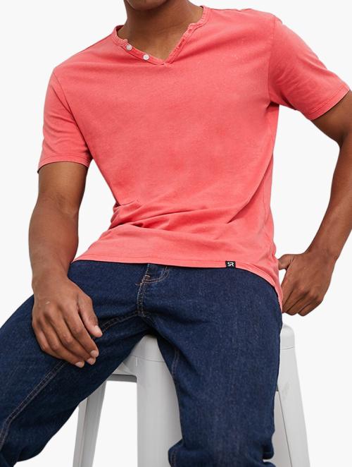 Style Republic Tomy Washed Edge Notch Neck Tee - Coral