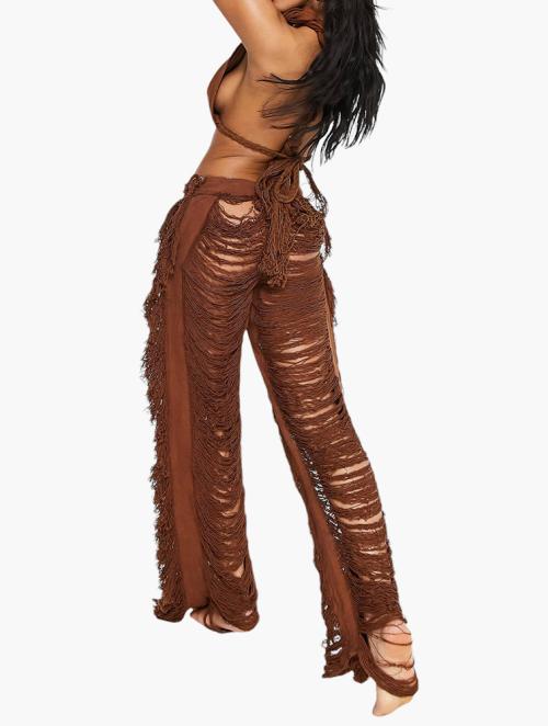 Thrifts & Threads Chocolate Exaggerated Fray Detail Wide Leg Pants