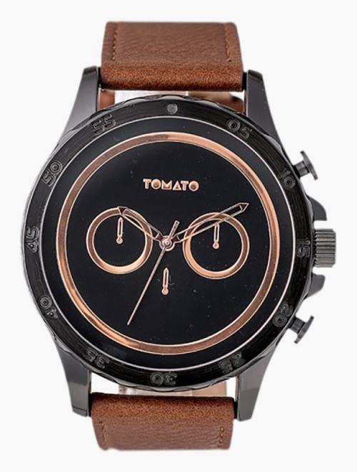 Tomato All Black Dial & Brown Leather Watch