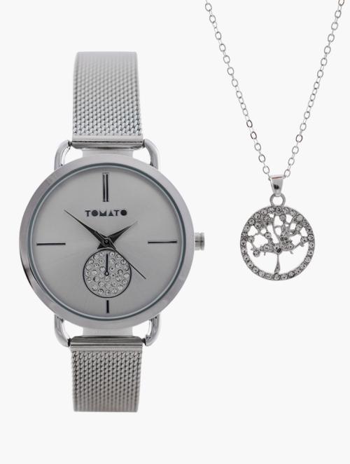 Tomato Silver Mesh Crystal Pendant & Watch Set