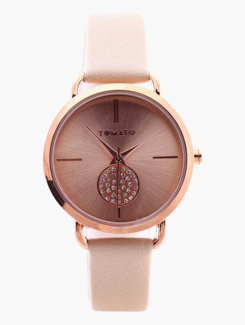 Tomato Rose Gold Case and Nude Dial With Stones & Tree of Life Necklace Set