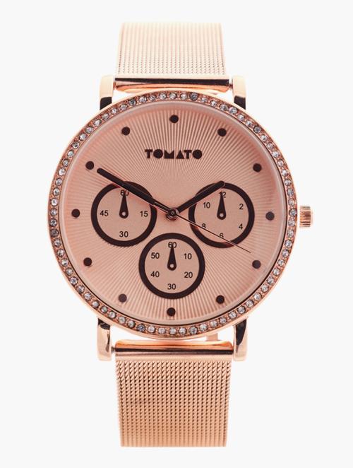 Tomato Rose Gold & Stone Fake Eyes Mesh Watch