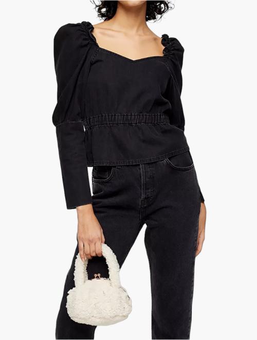 TOPSHOP Black Ruched Long Sleeve Blouse