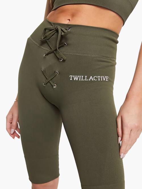 Twill Active Dark Green Tie Waist Seamless Biker Shorts