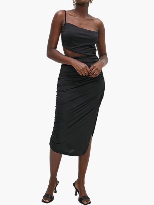 VELVET Asym Ruched Bodycon Dress With Cut Out - Black