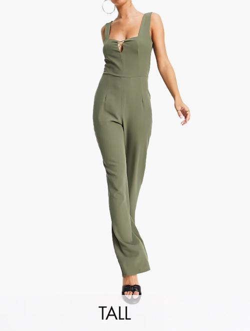 Vesper Khaki Lace Up Square Neck Jumpsuit