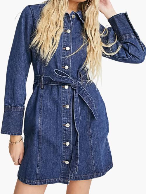 Wednesday's Girl Blue Mid Wash Denim Belted Mini Dress