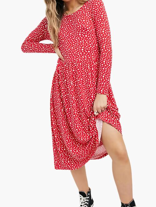 Wednesday's Girl Red Smudge Spot Print Midi Smock Dress