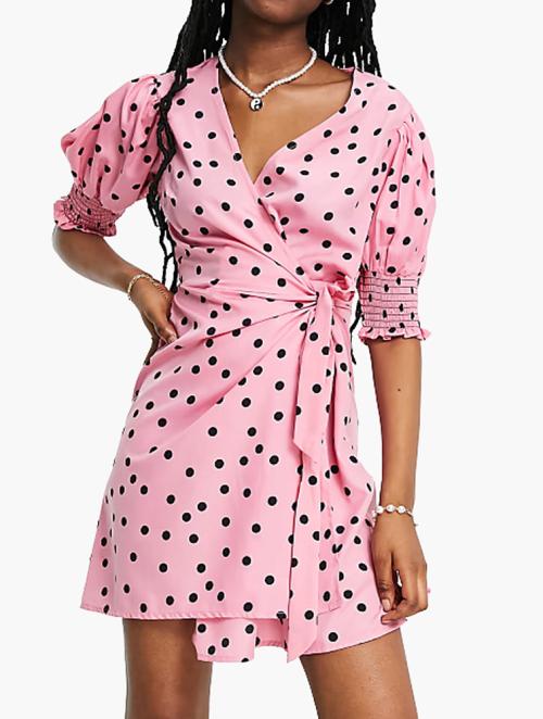 Wednesday's Girl Pink & Black Polka Dot Mini Wrap Dress