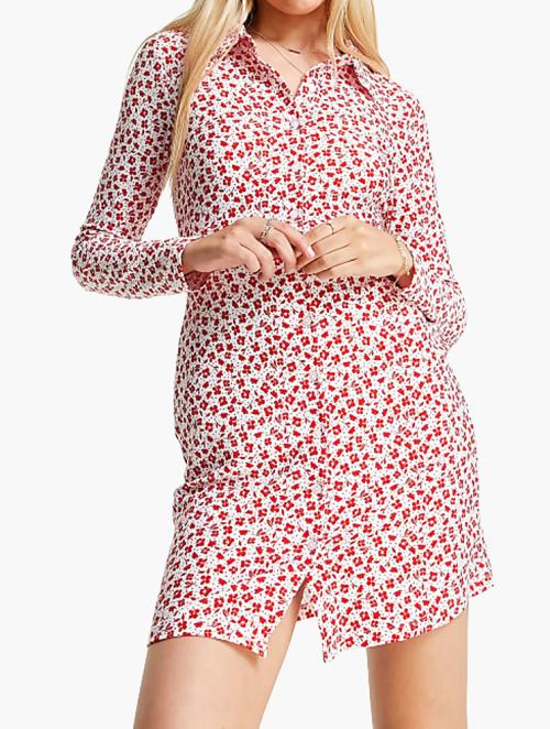 Wednesday's Girl Red Ditsy Floral Long Sleeve Bodycon Shirt Dress 