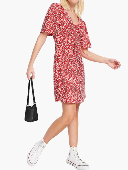 Wednesday's Girl Red Ditsy Floral V-neck Flippy Tea Dress