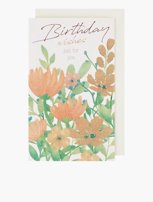 Woolworths Orange Glitter Flowers Birthday Card