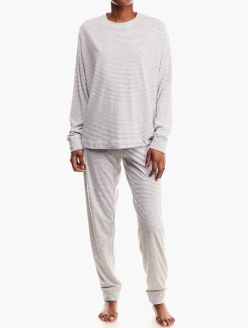 Woolworths Grey Melange Striped Brushed Knit Pyjama Set