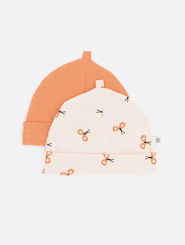 Wooliesbabes Orange & Pink Butterfly Print Soft Beanie 2 Pack