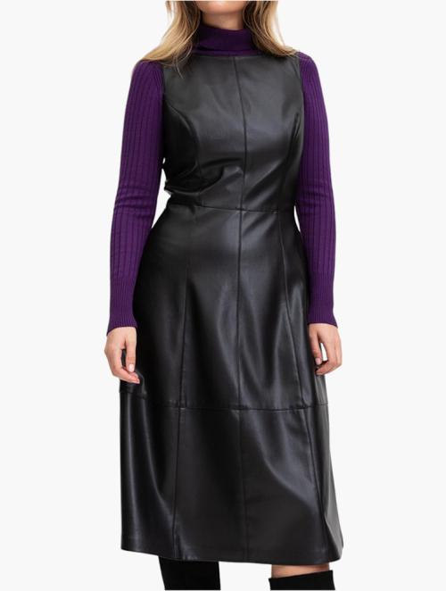 Woolworths Black Fit & Flare Faux Leather Midi Dress