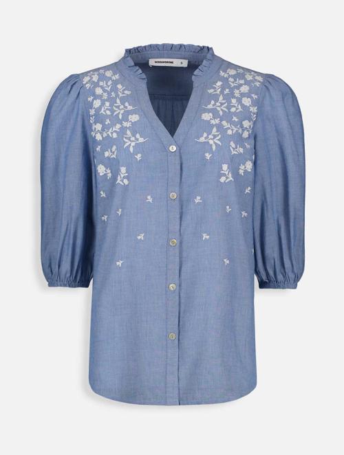 Woolworths Blue Embroidery Bishop Sleeve Chambray Blouse