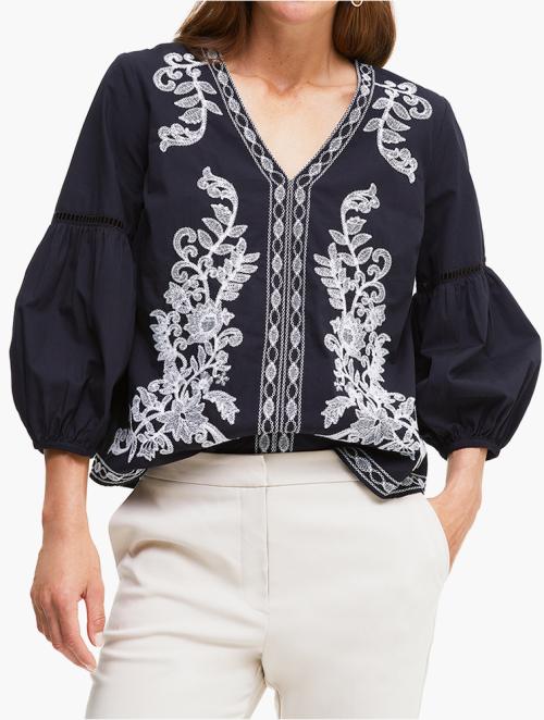 Woolworths Black Embroidered V-neck Puff Sleeve Blouse