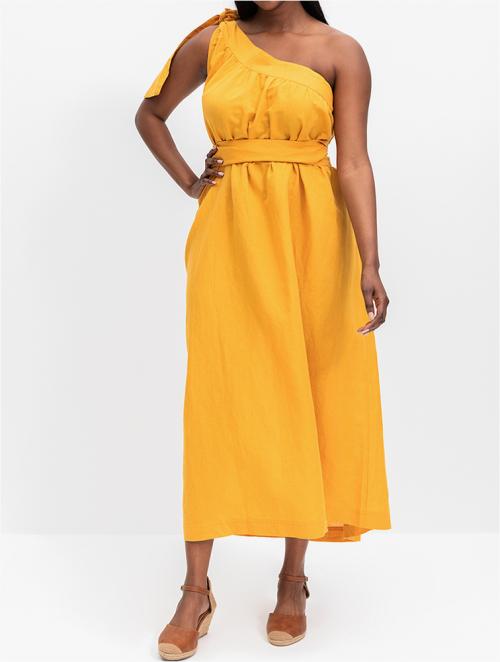 Woolworths Yellow One Shoulder Tie-up Linen Blend Maxi Dress