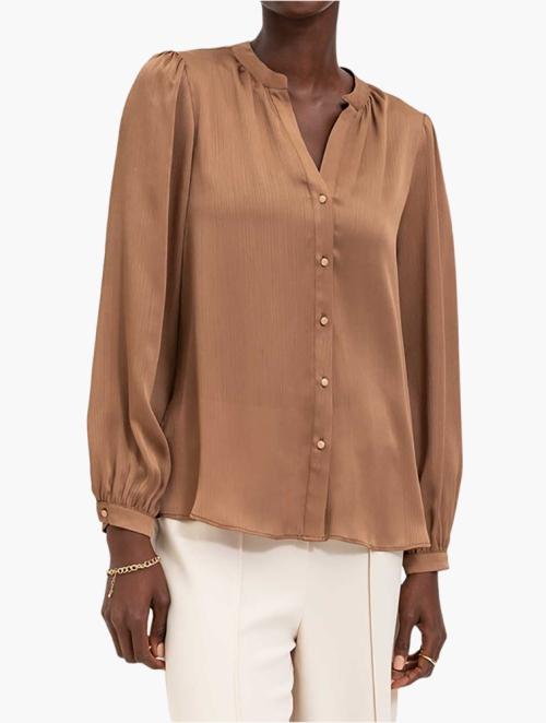 Woolworths Bronze & Multi Balloon Sleeve Split Mandarin Satin Blouse