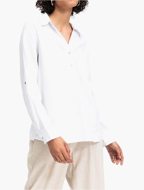 Woolworths White Split Neck Tab Sleeve Linen Blend Shirt