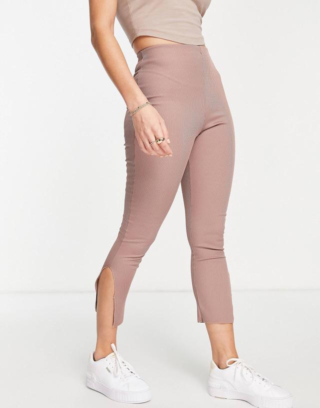 Missguided Brown Split Hem Ribbed Leggings