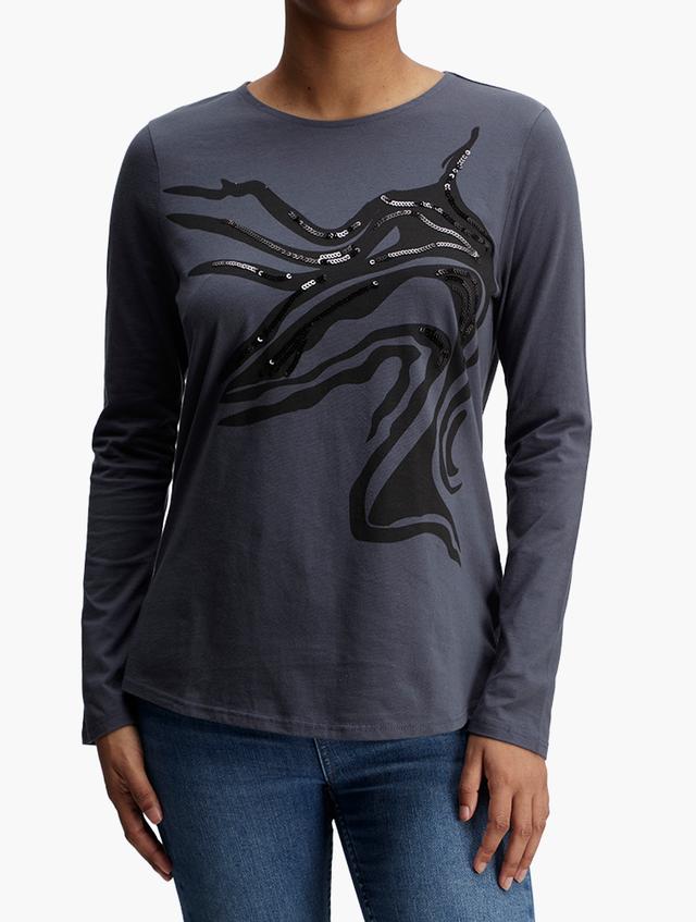MILADYS Charcoal Grey Long-Sleeve Embellished Tee
