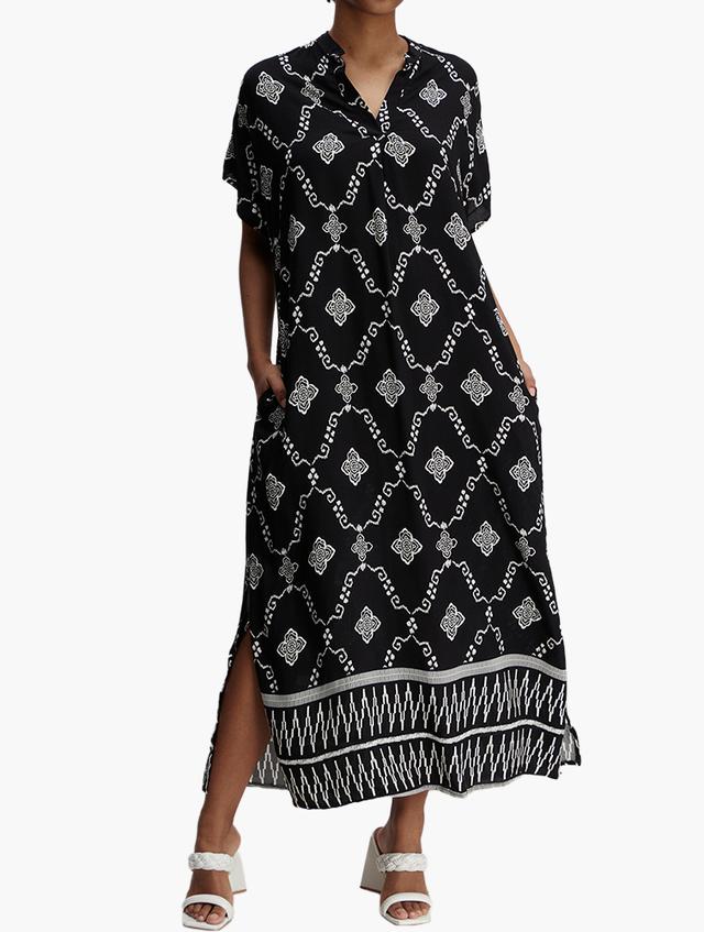 MILADYS Black & White Graphic V-neck Dress