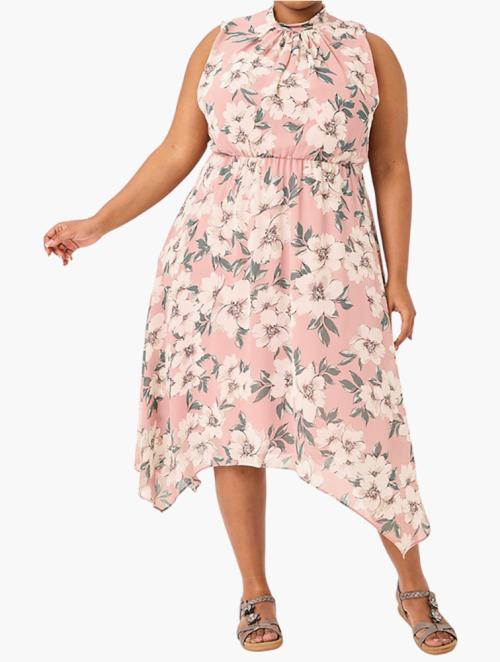 MILADYS Soft Pastel Pink & Multi Floral Midi Dress