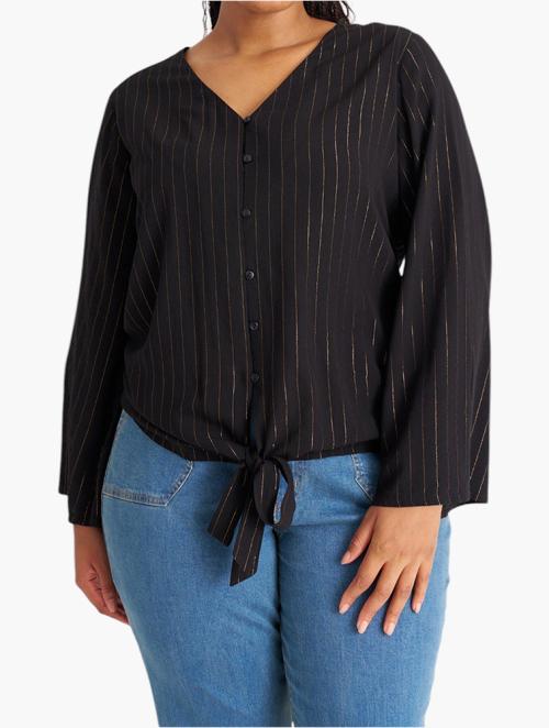 MILADYS Black Pinstripe Long Sleeve Top