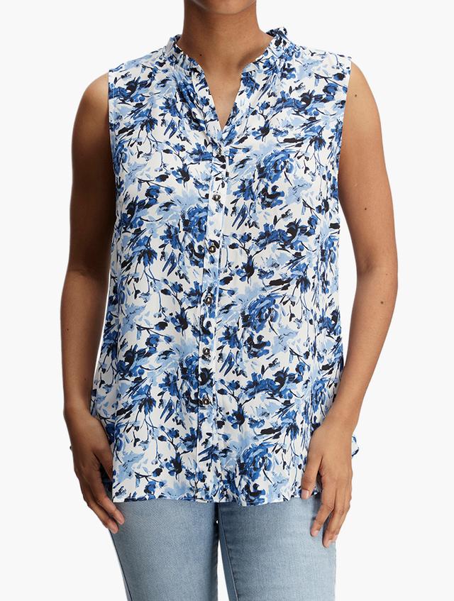 MILADYS Blue Multi Floral Buttoned Sleeveless Blouse