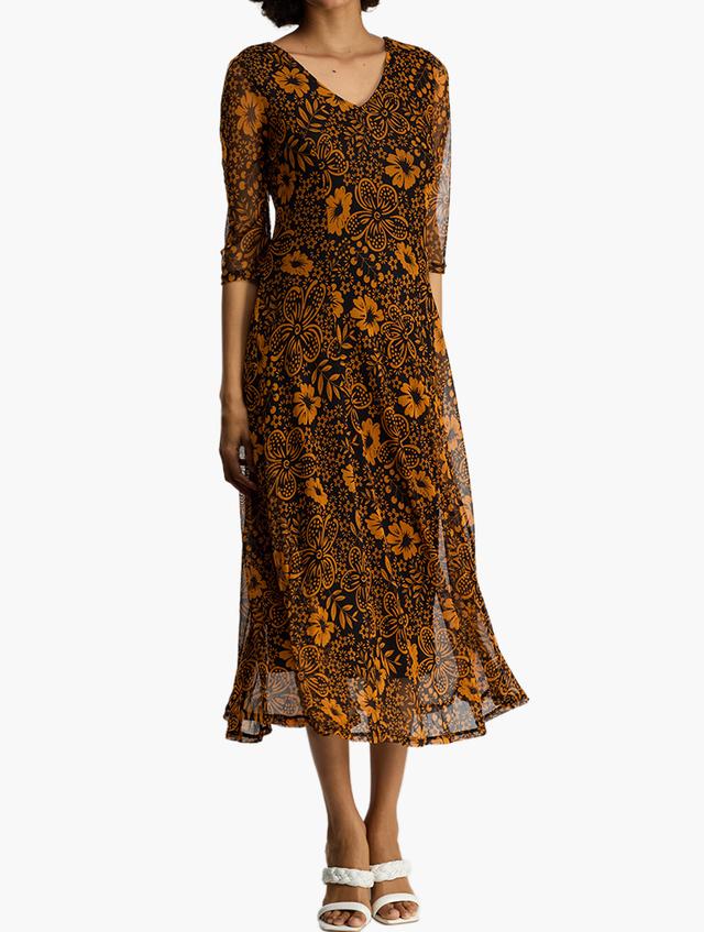 MILADYS Brown Floral V-neck Midi Dress