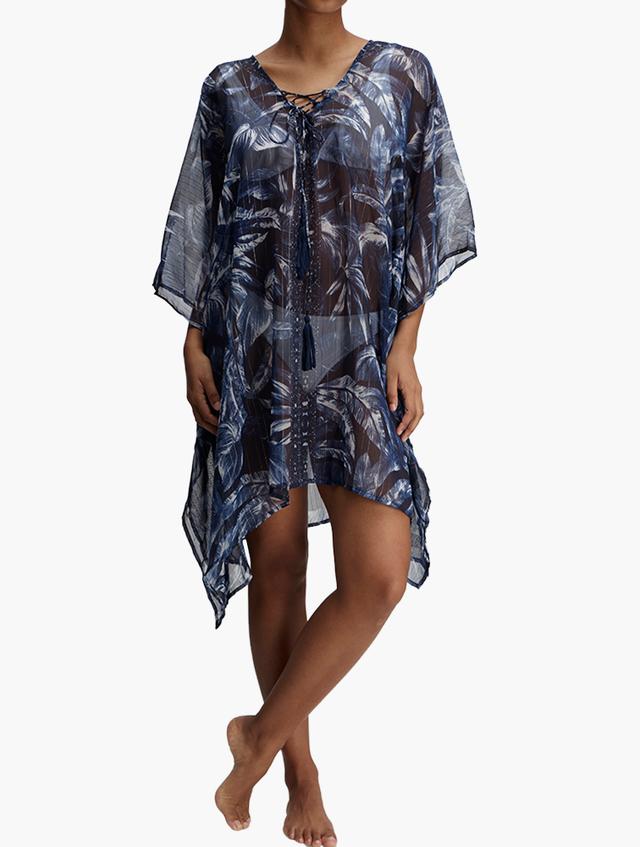 MILADYS Navy Botanical Print Sheer Kaftan